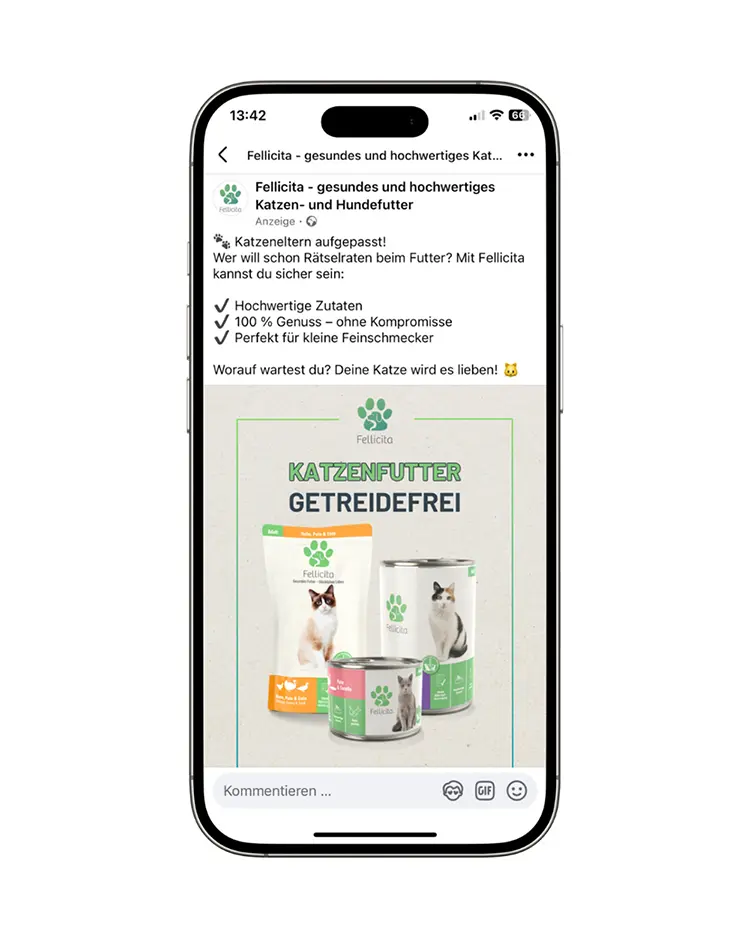 Meta-Werbeanzeige von Fellicita für getreidefreies Katzenfutter.