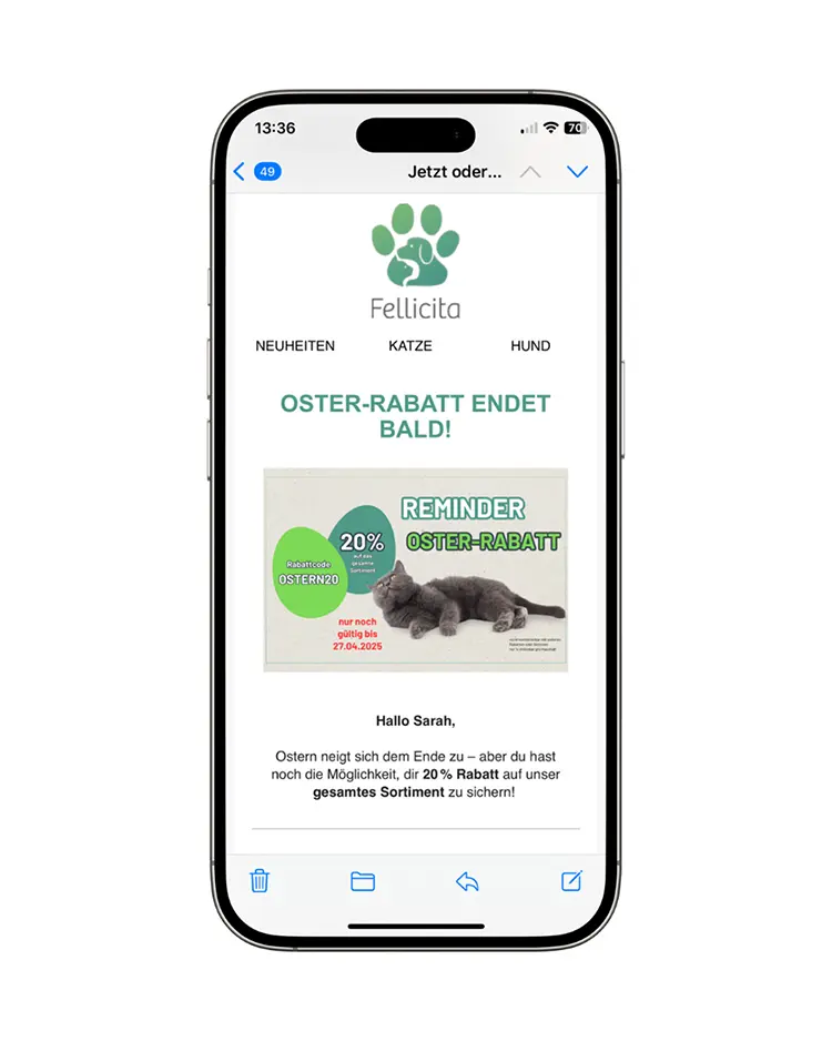 Fellicita Newsletter mit Oster-Rabattaktion für Katzen- und Hundefutter.
